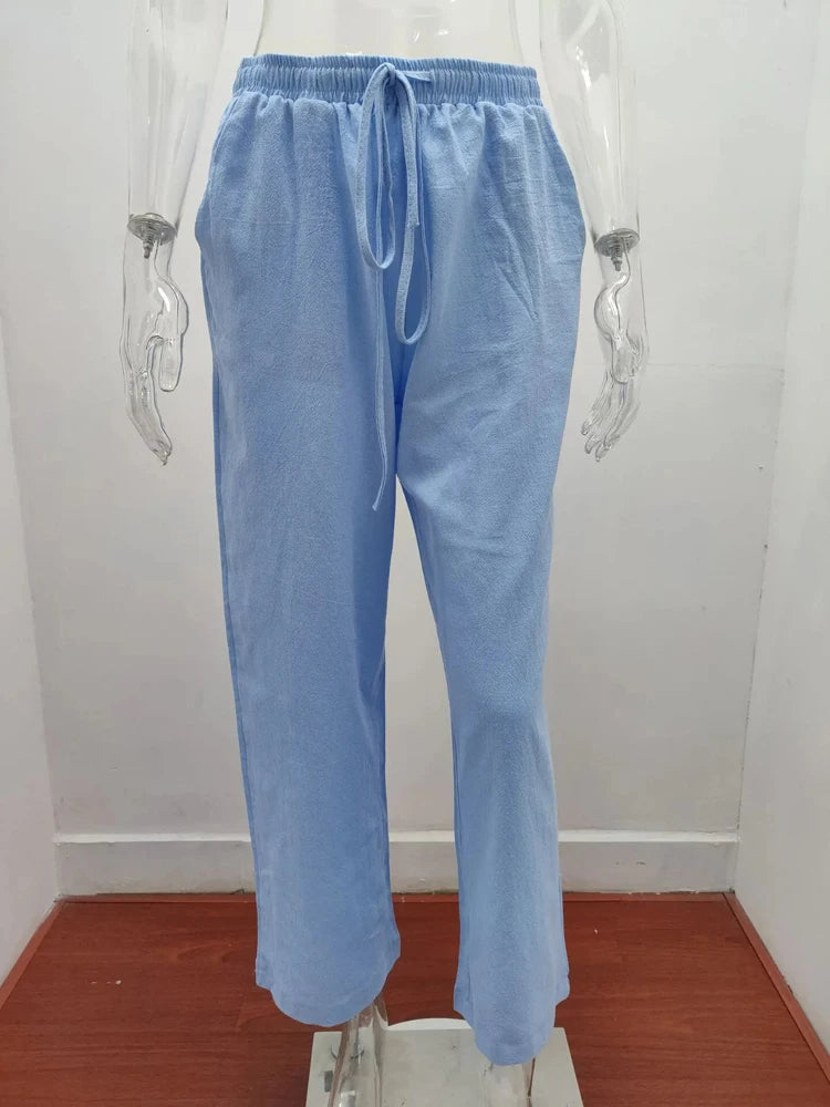 Women's Cotton Linen Wide Leg Pants — Elastic Waist Casual Trousers