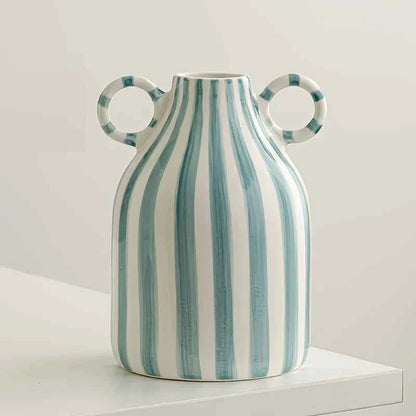 Hand-Painted Ceramic Vase with Dual Handles - Striped, Cylinder Design for Living Room Decor, Earthenware, Decorative Ornaments