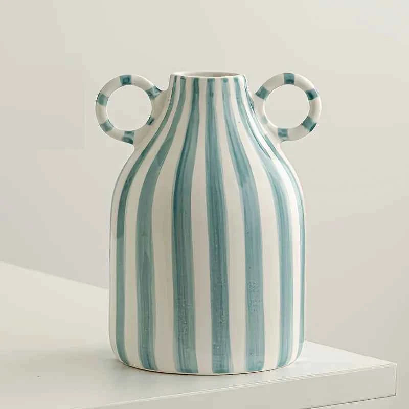 Hand-Painted Ceramic Vase with Dual Handles - Striped, Cylinder Design for Living Room Decor, Earthenware, Decorative Ornaments
