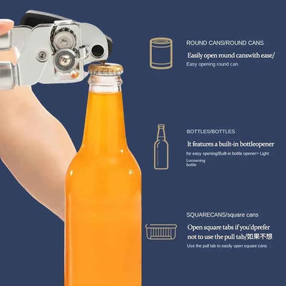 Multi-Use Can Opener & Bottle Opener - Stainless Steel, Handheld, for Jars, Cans, Easy Grip, Dishwasher Safe (Silver)