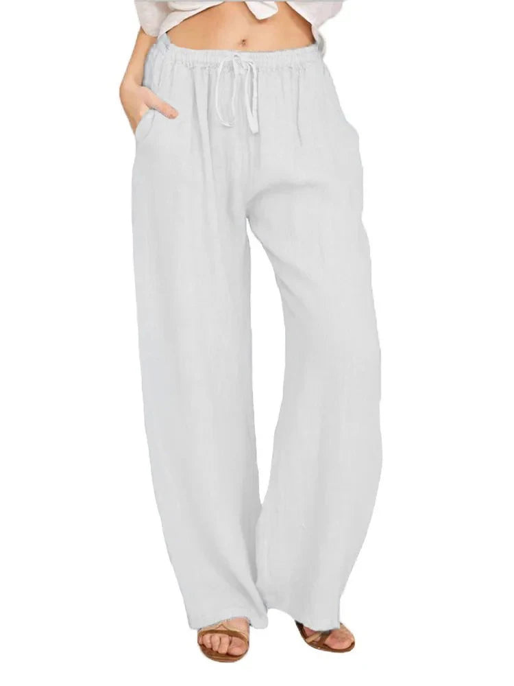 Women's Cotton Linen Wide Leg Pants — Elastic Waist Casual Trousers