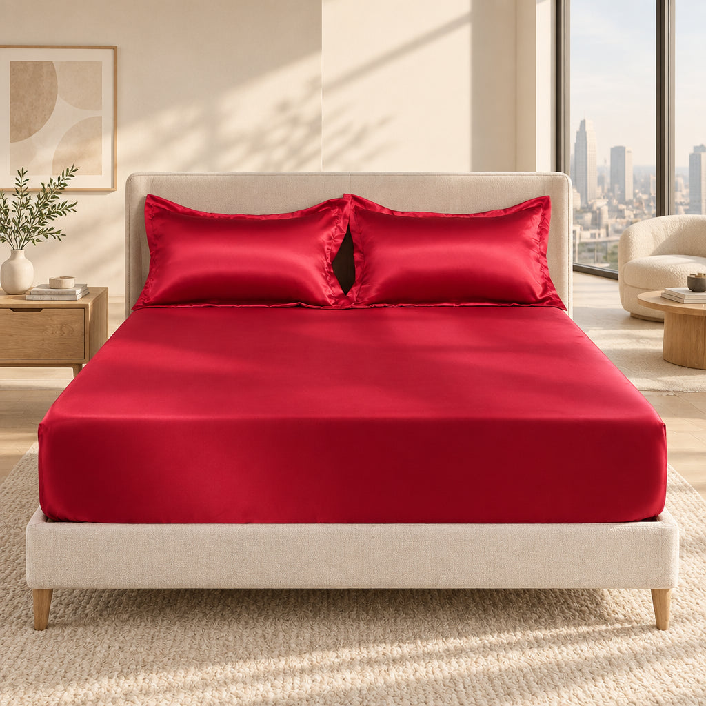 3 Pices Satin Fitted Sheet Set (1 * Fitted Sheet+2 * Pillowcase) – Smooth, Breathable, And Wrinkle-Resistant, Machine Washable For Easy Care, Comfort Bedding Suitable For Adults, Hotels, Apartments, & Home Use
