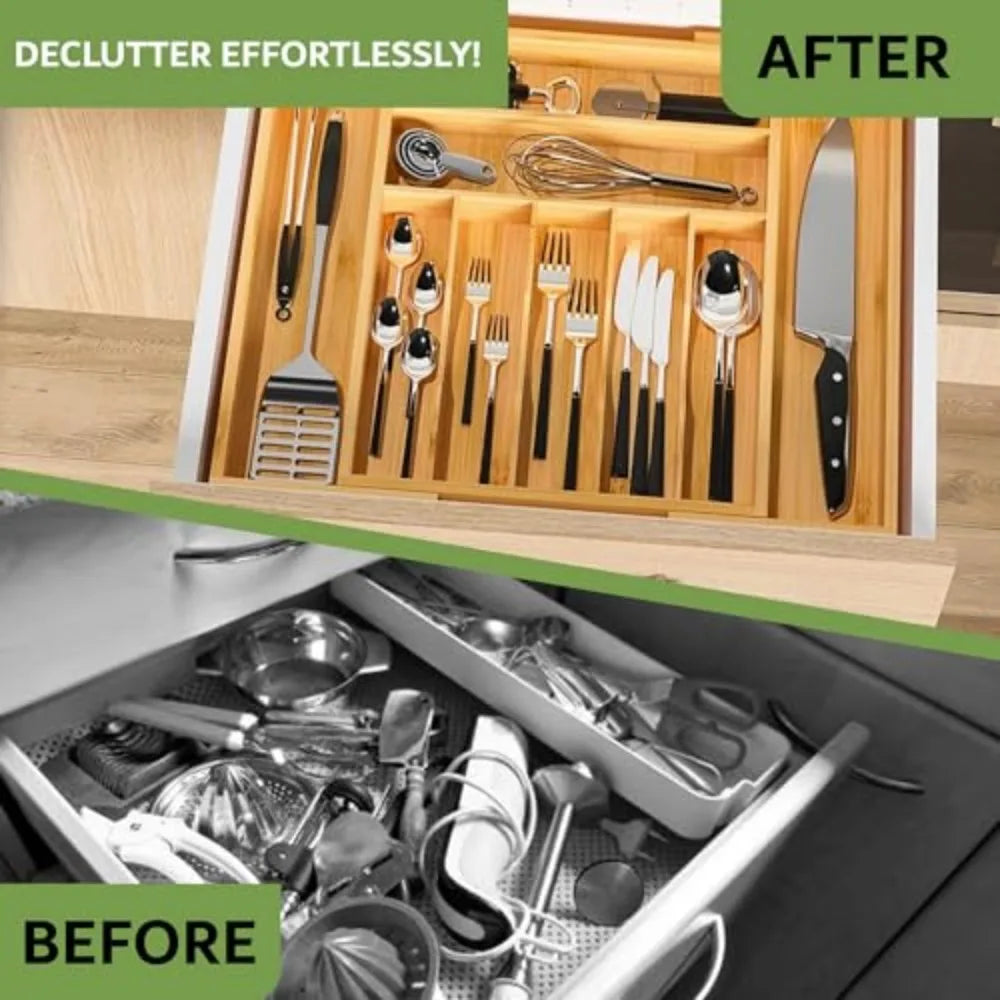 Bamboo Drawer Organizer, 9-Compartment Utensil Tray