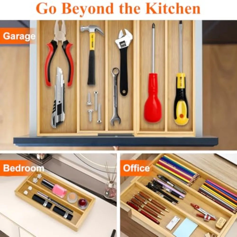 Large Expandable Bamboo Utensil Drawer Organizer