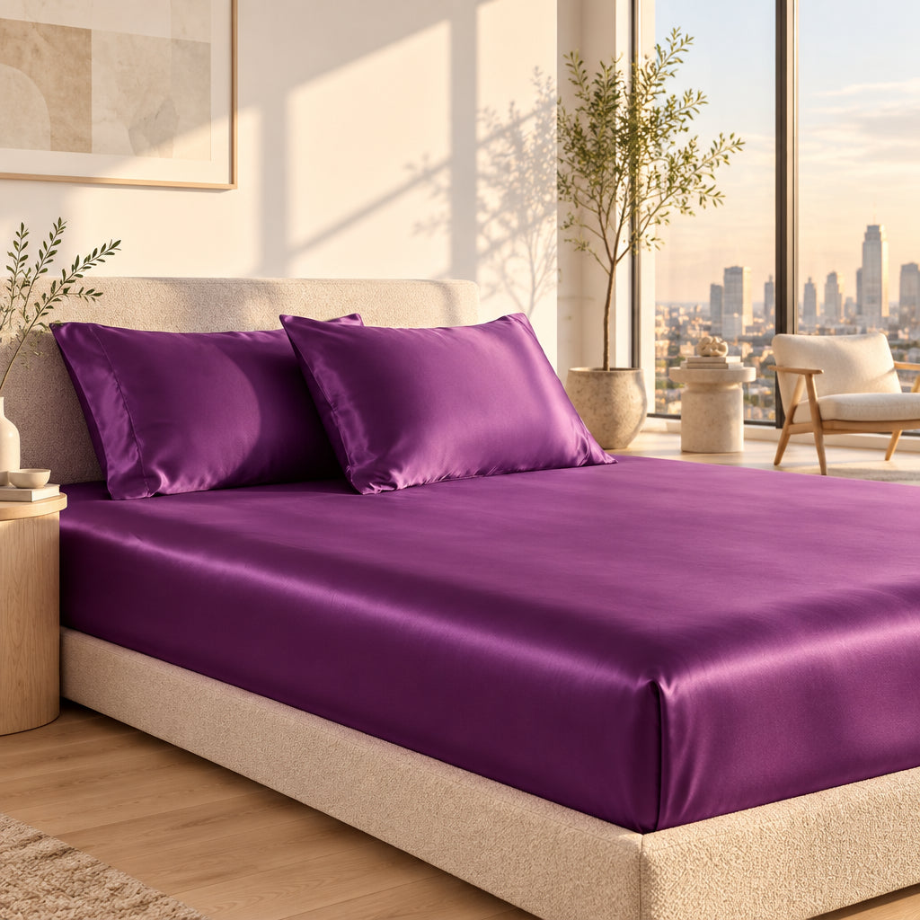 3 Pices Satin Fitted Sheet Set (1 * Fitted Sheet+2 * Pillowcase) – Smooth, Breathable, And Wrinkle-Resistant, Machine Washable For Easy Care, Comfort Bedding Suitable For Adults, Hotels, Apartments, & Home Use