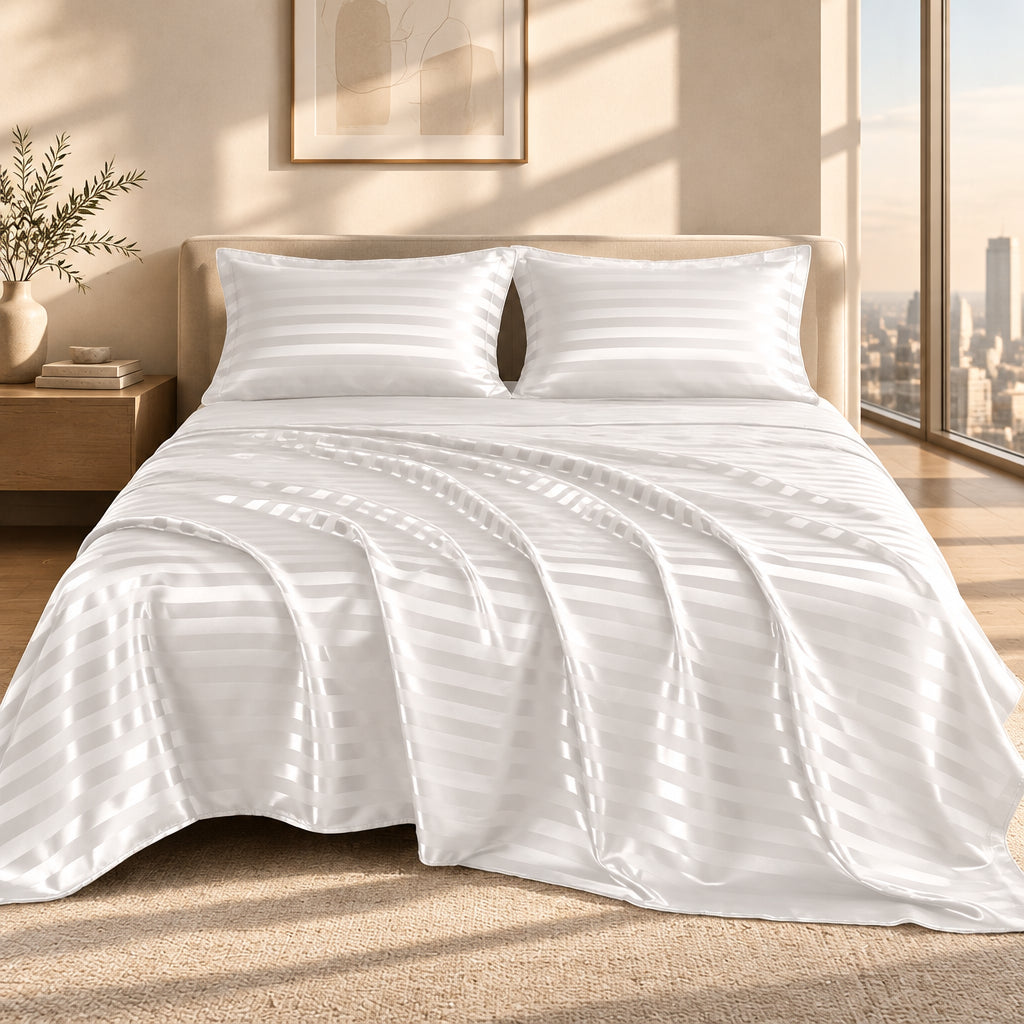 Cooling Satin 4-Piece Bedding Set, Silky Skin-Friendly Bed Linen with 1 Duvet Cover + 1 Flat Sheet + 2 Pillowcases, Cool Touch Breathable, Wrinkle Resistant & Machine Washable, Perfect for Dorm, Apartment & Back to School