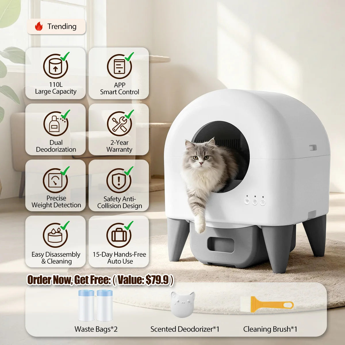 95L Automatic Self-Cleaning Litter Box, Fully Enclosed