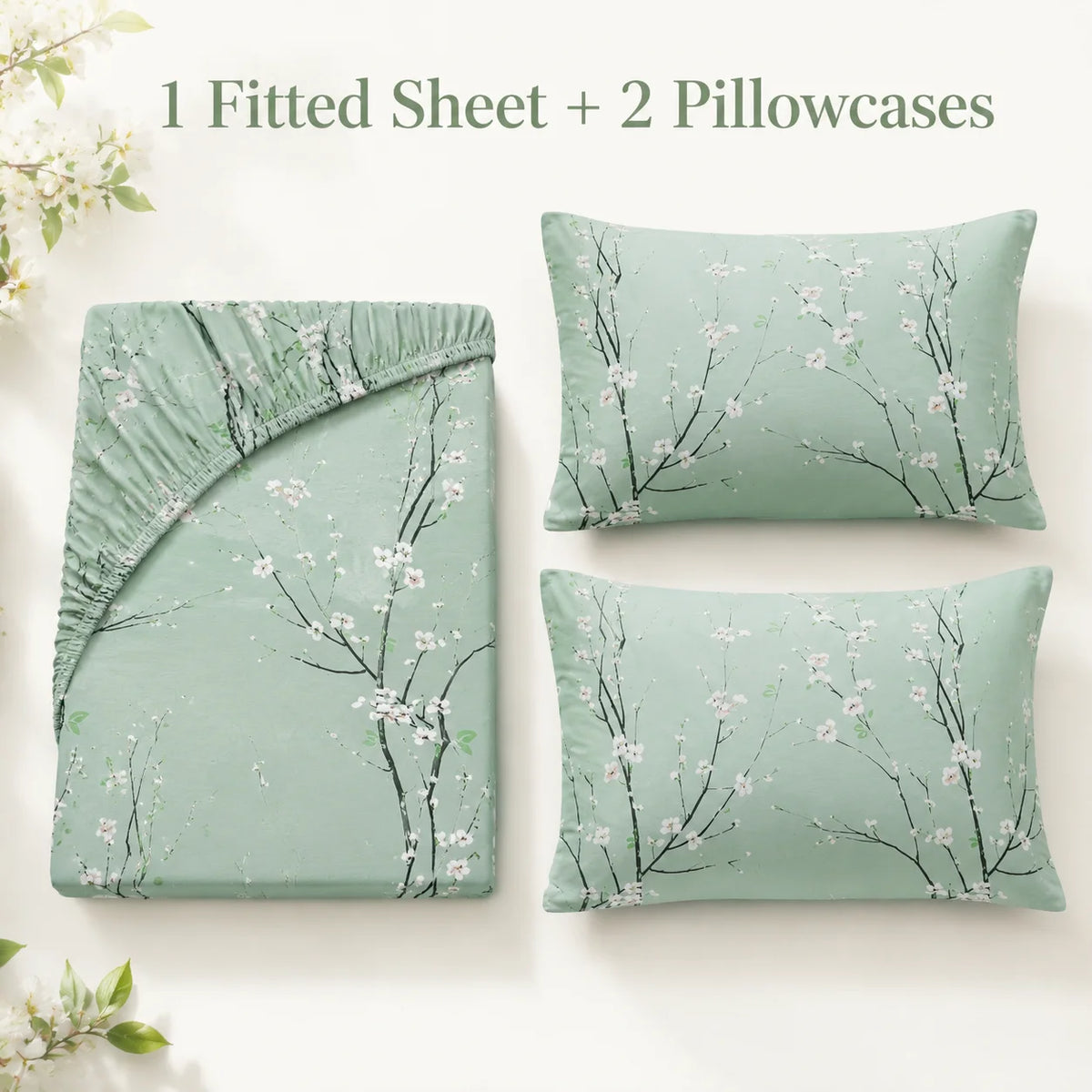 3-Piece Floral Fitted Sheet Set with 2 Pillowcases