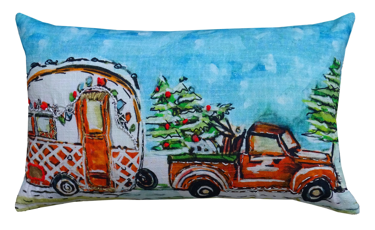 Oreiller de vacances caravane de Noël illustré à la main (14"X20")