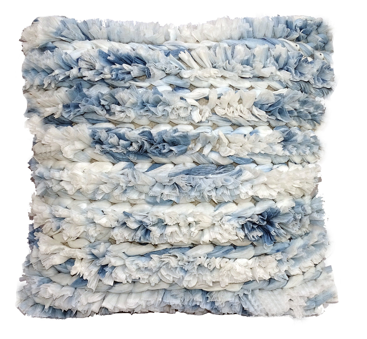 Housse de coussin décoratif bleue et blanche en fausse fourrure