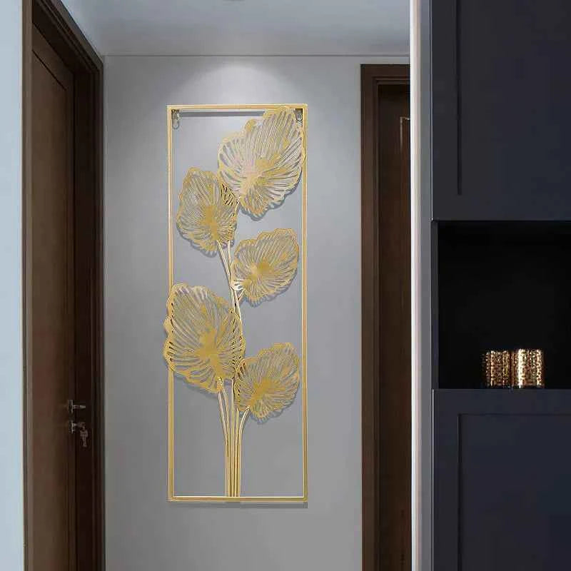 Chinese Wrought Iron Golden Leaf Wall Mural Items Hotel Porch Wall Hanging Decoration Home Livingroom Wall Sticker Accessories
