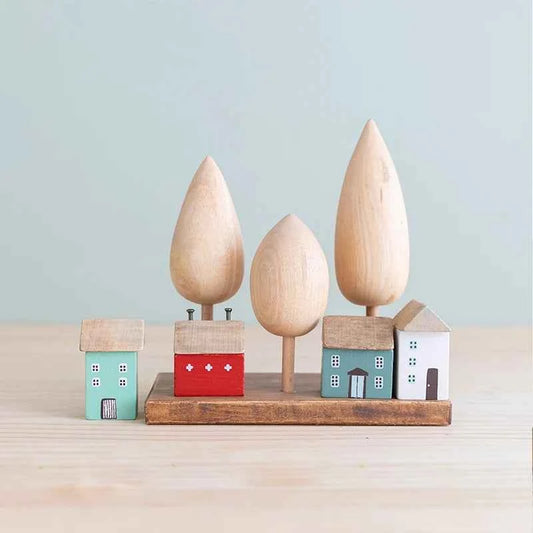 Vintage Wooden House Ornaments Table Decoration Wood Forest Architecture Desk Miniature Craft Work Home Kids Room Nursery Decor