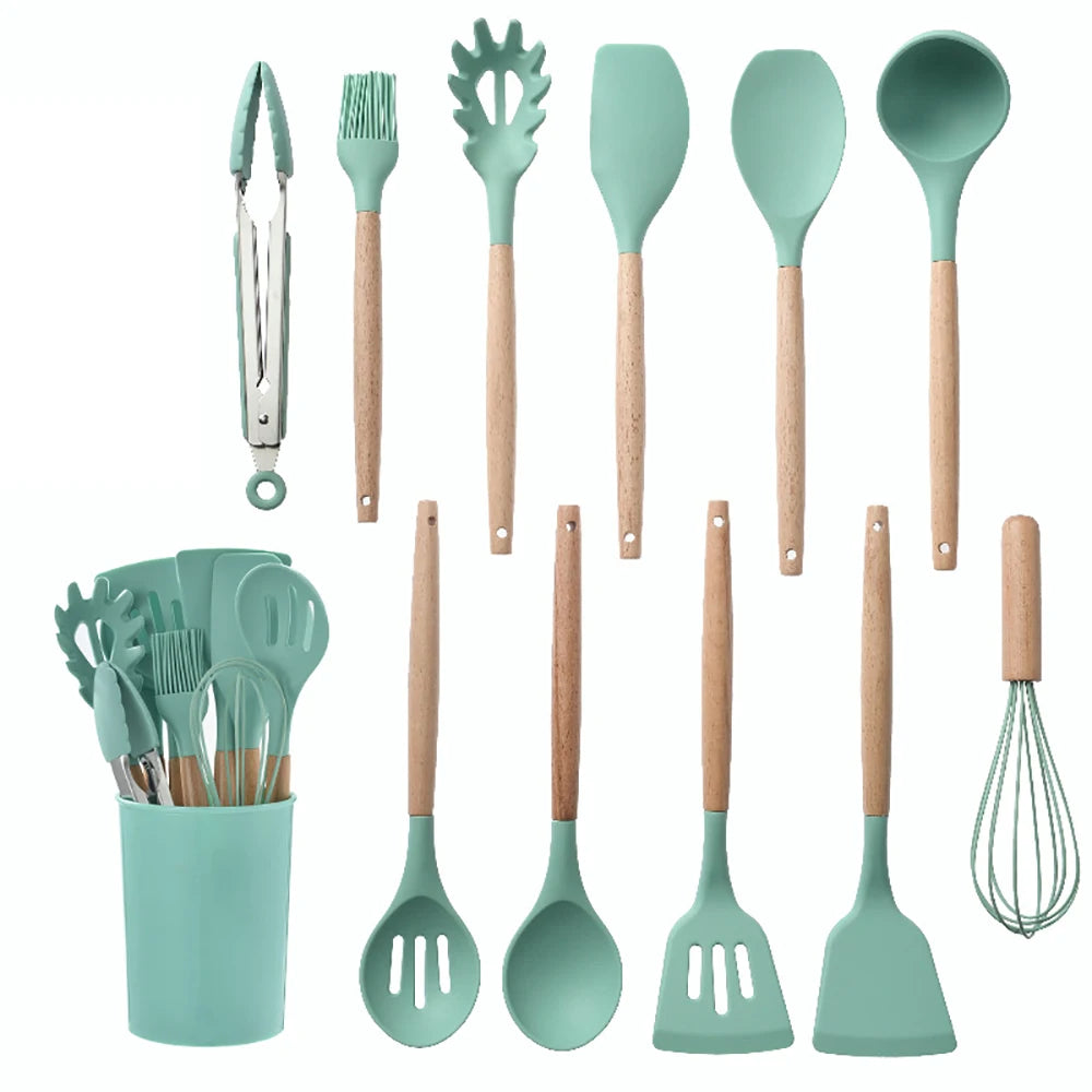Silicone Cooking Utensils Set with Wooden Handles, Non-Stick Safe, 30-Piece
