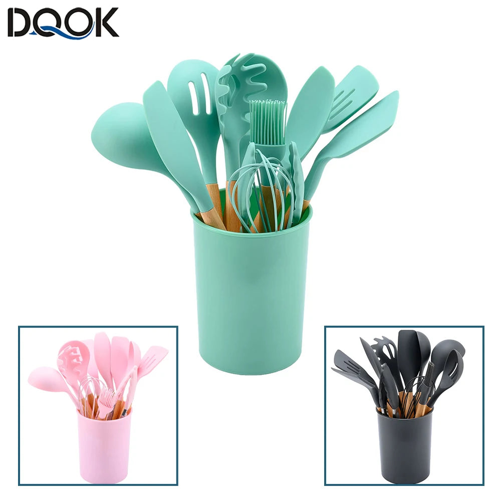 Silicone Cooking Utensils Set with Wooden Handles, Non-Stick Safe, 30-Piece