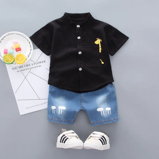 Cartoon Top & Denim Shorts Outfit Set