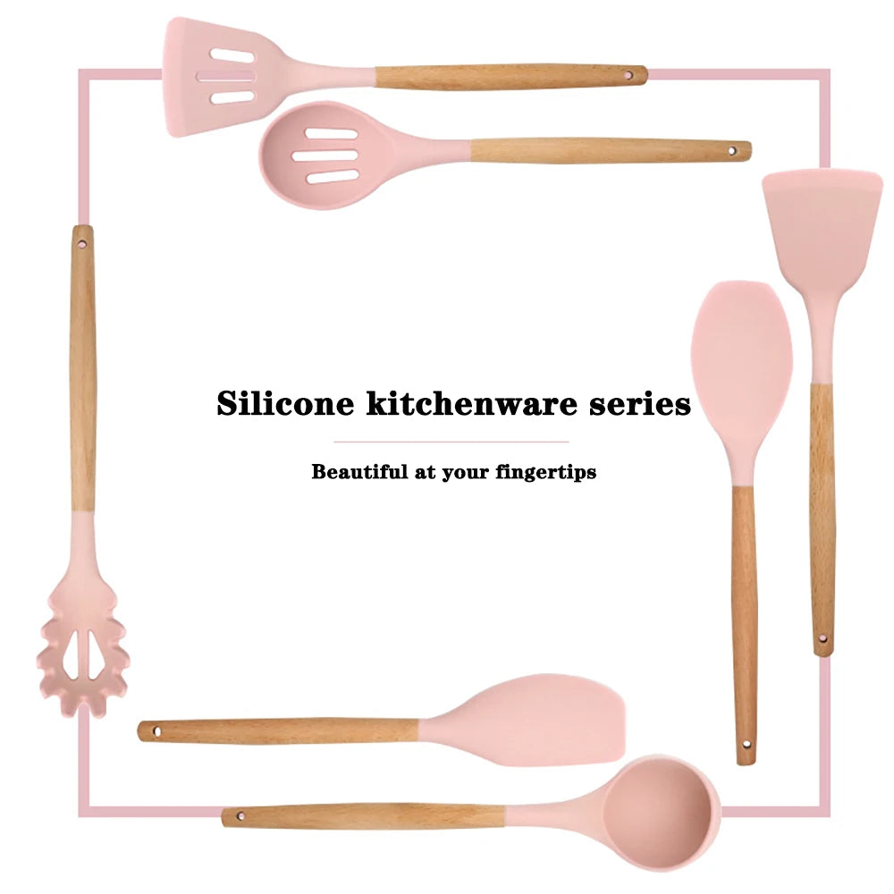 Silicone Cooking Utensils Set with Wooden Handles, Non-Stick Safe, 30-Piece
