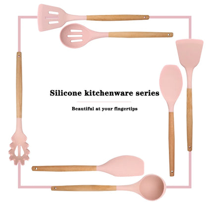 Silicone Cooking Utensils Set with Wooden Handles, Non-Stick Safe, 30-Piece