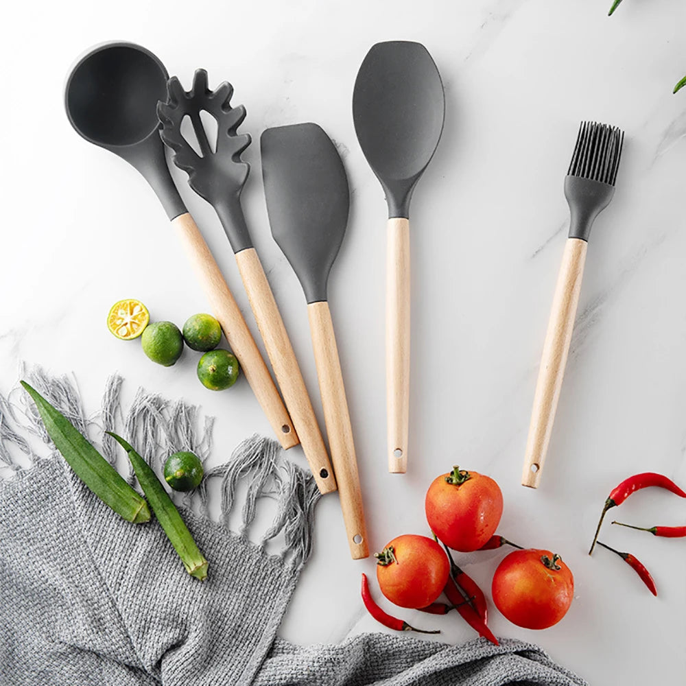 Silicone Cooking Utensils Set with Wooden Handles, Non-Stick Safe, 30-Piece