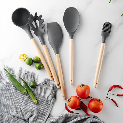 Silicone Cooking Utensils Set with Wooden Handles, Non-Stick Safe, 30-Piece