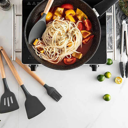 Silicone Cooking Utensils Set with Wooden Handles, Non-Stick Safe, 30-Piece