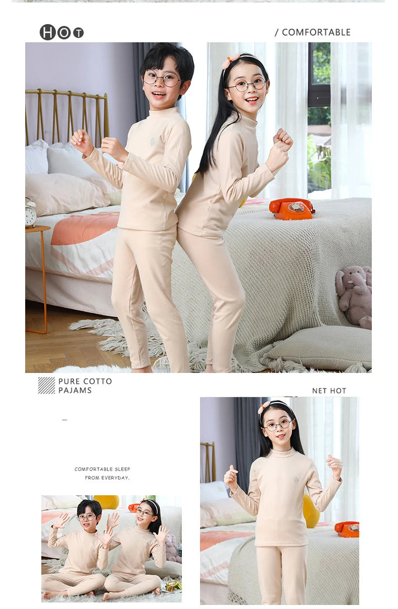 Autumn Winter Thermal Underwear Suit Girls Clothing Sets Boys Pajama Sets Baby No Trace Warm Sleepwear Candy Colors Kids Clothes