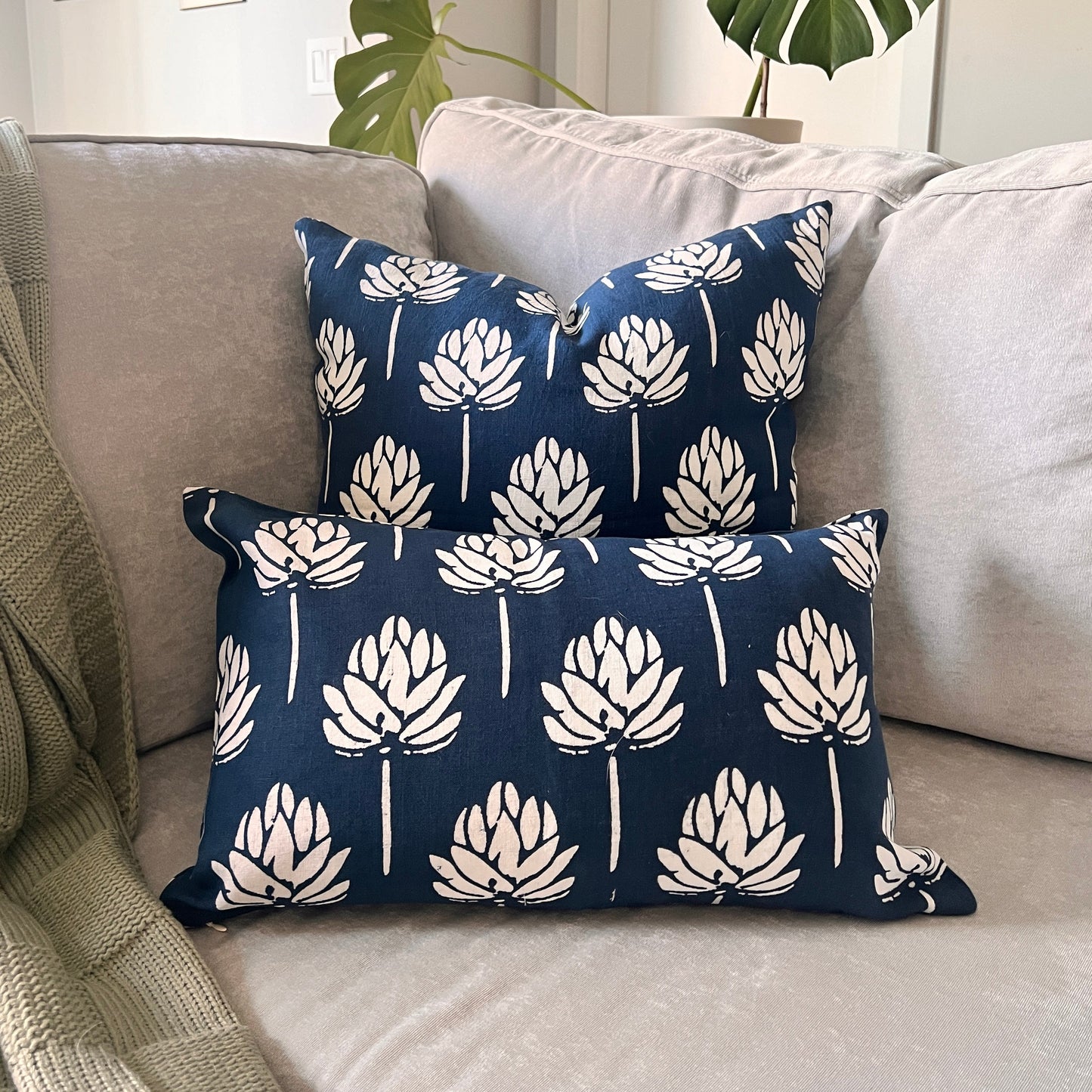 Lotus Bloom - Pure Linen Throw Pillow Cover - Navy Blue