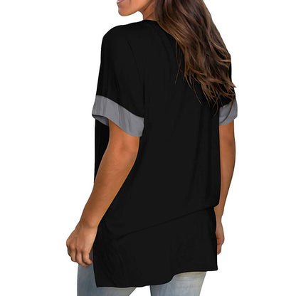 Women's V-Neck Short Sleeve Base Shirt — Solid Color Stitching Casual Top