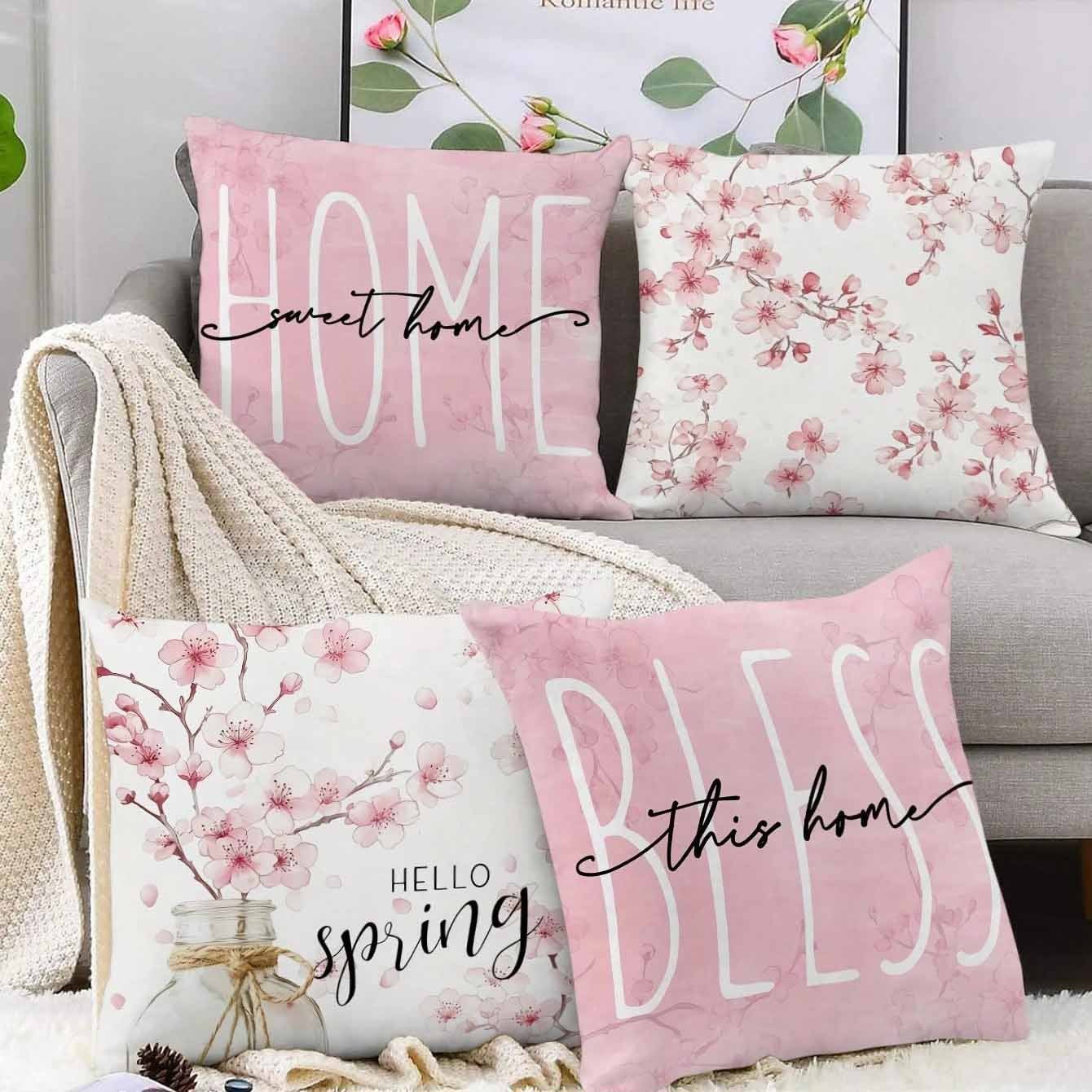 Spring Cherry Blossom Letter Pillow Cover Home Sofa Cushion Cover
