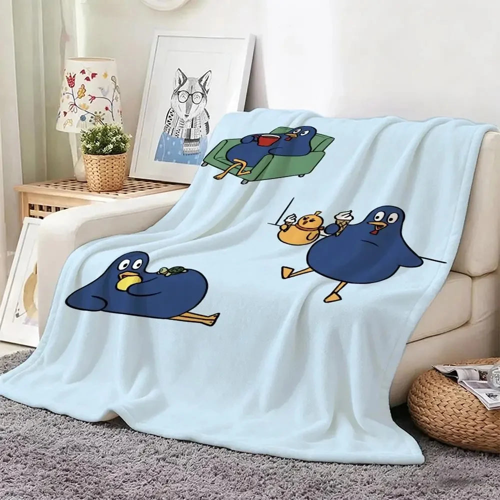 Funny Cartoon Blue Bird Series Flannel Throw Blanket Cute Bird Doing Daily Activities Cozy Soft Lightweight Blanket for Bedroom Sofa Kids Room Home Decoration