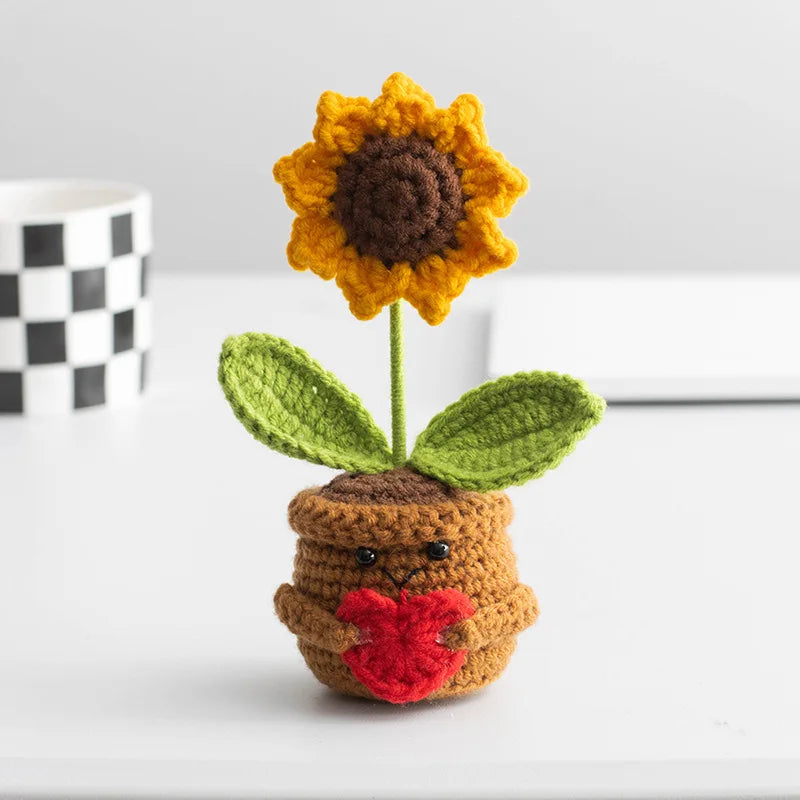 Crochet Flower Funny Positive Emotional SupportPotted Plant for Cheer Up Gifts Sunflower Flowers for Home Room Desk Decoration