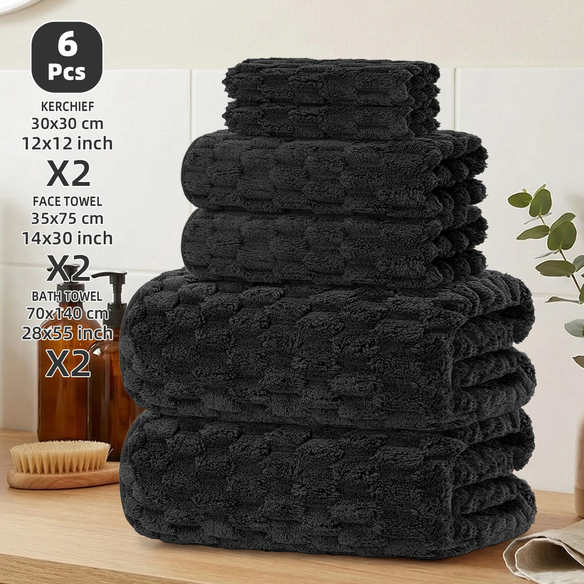 6-Piece Bath Towel Set, 2 Bath Towels + 2 Hand Towels + 2 Square Towels