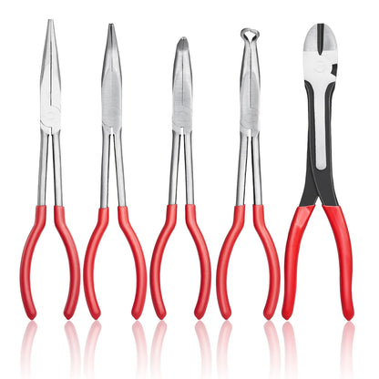 5-Piece Needle Nose Pliers 11in Long Needle Nose Pliers Set Diagonal Cutting Pliers 45°/90° Bent Round Nose Plier