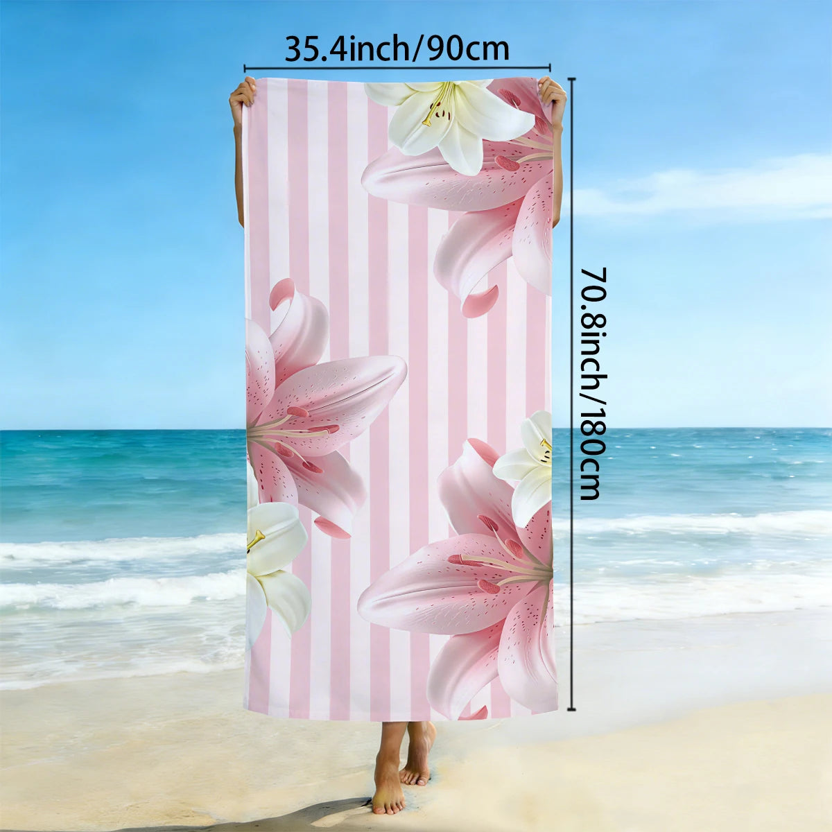 1pc pink striped beach towel, large floral printed beach towel, ultra-fine