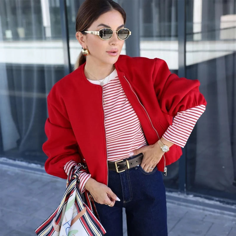 MUJER Women's Red Zipper Bomber Jacket — Soft Cropped Long Sleeve Sports Jacket