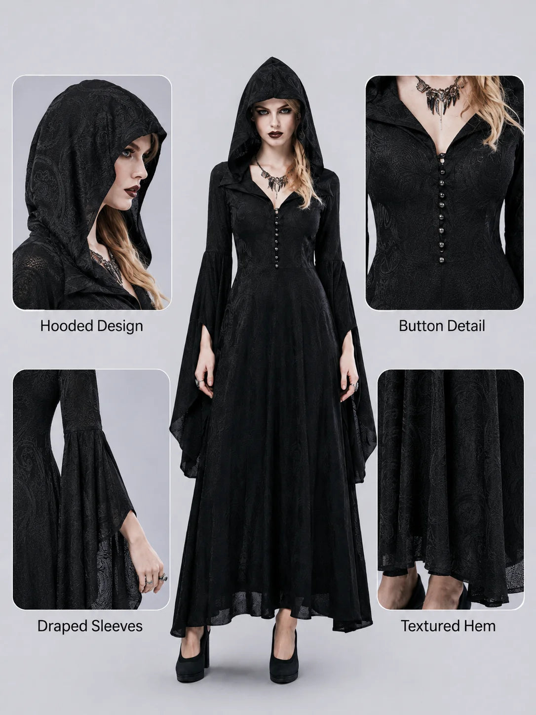 Women Gothic Witch Hooded Maxi Dress Bell Long Sleeve Jacquard Mesh V‑Neck Button Front Floor‑Length Gown Halloween Cosplay Costume for Party Carnival