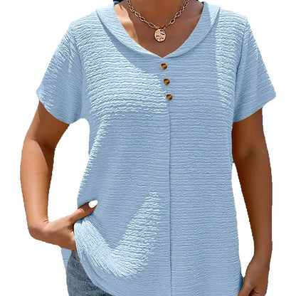 Women's Plus Size Doll Neck Short Sleeve Top — Elegant Textured Blouse
