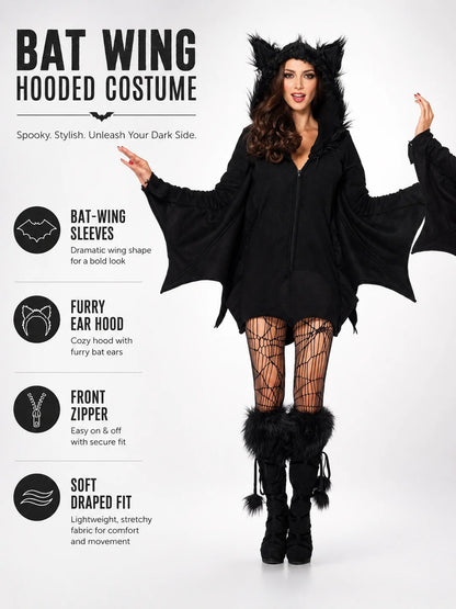 Women Cozy Bat Halloween Costume, Furry Cat Ear Hooded Zip‑Up Dress with Bat Wings, Vampire Animal Cosplay Outfit for Carnival Party