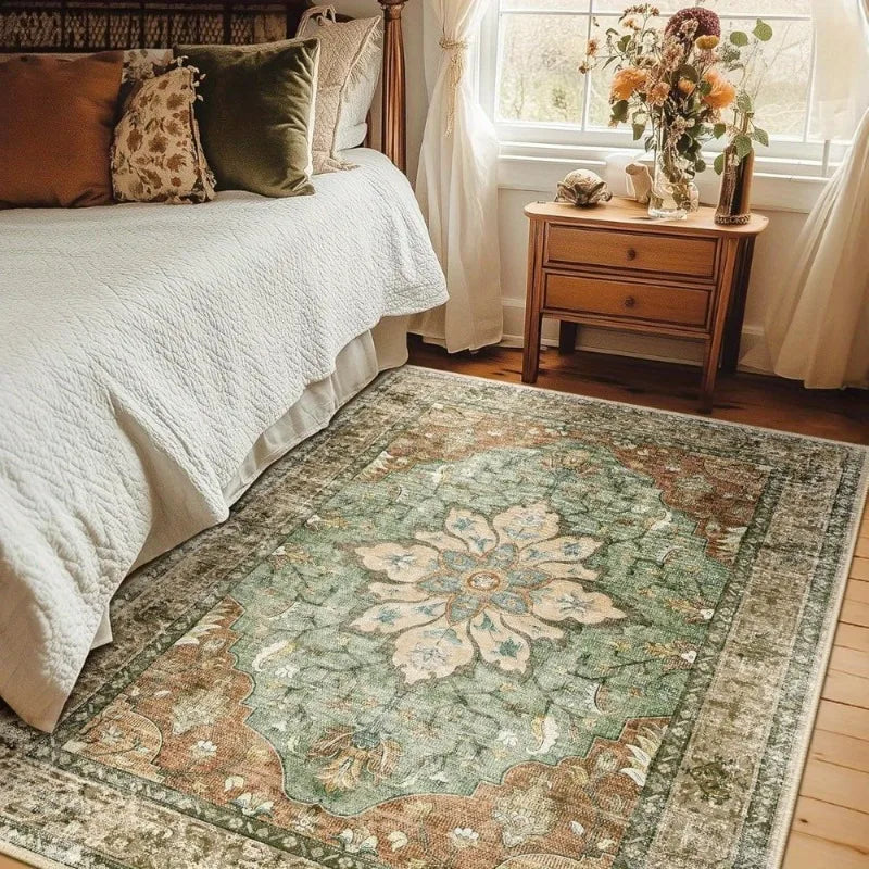 Bohemian Floral Vintage Oversized Area Rug – Machine Washable Non-Slip Green Carpet