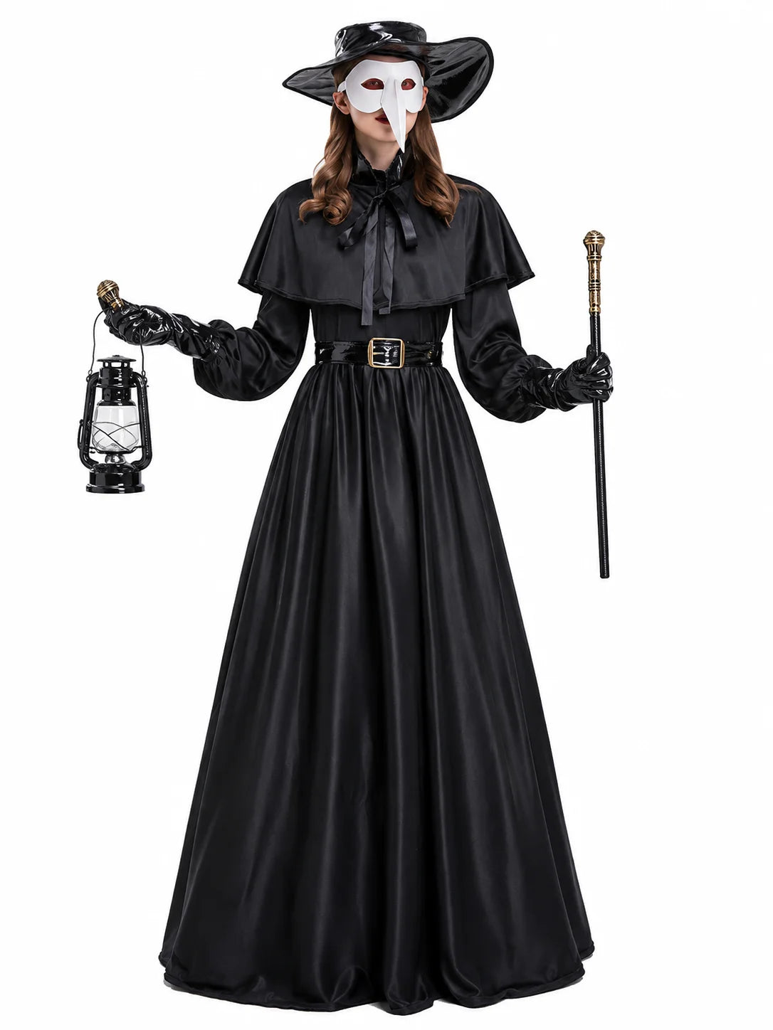 Women Plague Doctor Costume Set Medieval Gothic Long Dress with Cape Belt Hat Gloves Bird Beak Mask Steampunk Halloween Cosplay Outfit for Carnival Party