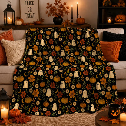 Halloween Ghosts and Pumpkins Velveteen Throw Blanket, Summerween Blanket
