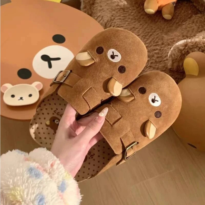 Fashion Women Boken Shoes  Retro Thick-Soled Super Comfortable Cute Exquisite Little Bear Design Outdoor Casual Half-Drag Flats