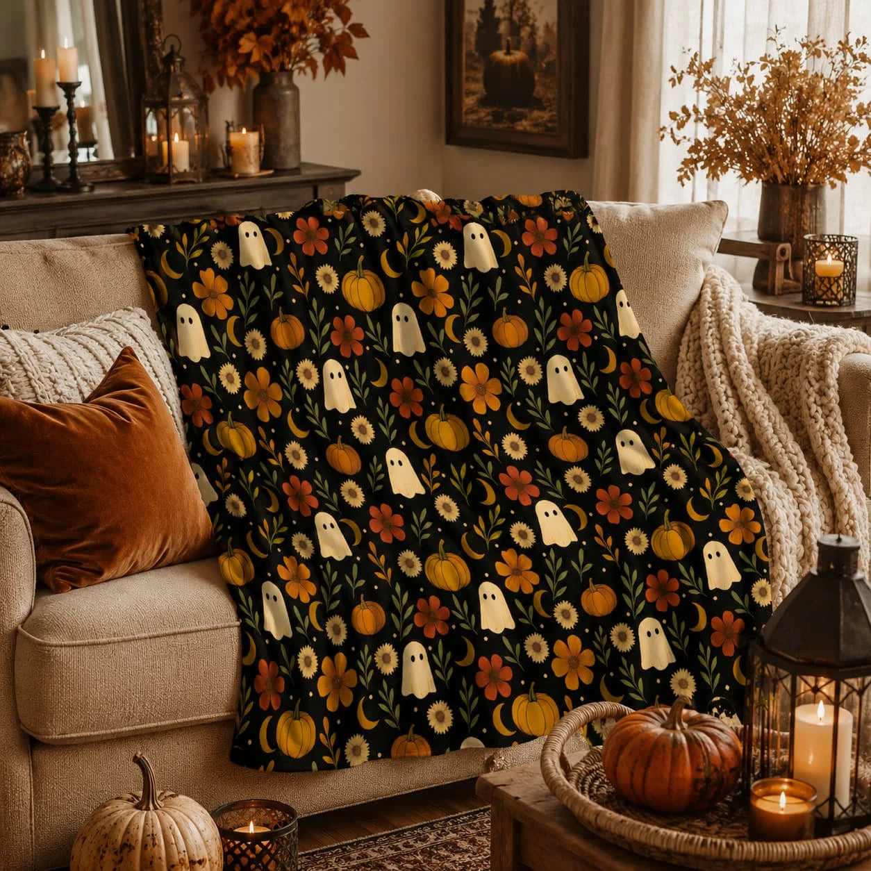 Halloween Ghosts and Pumpkins Velveteen Throw Blanket, Summerween Blanket
