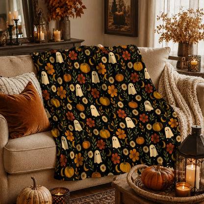 Halloween Ghosts and Pumpkins Velveteen Throw Blanket, Summerween Blanket