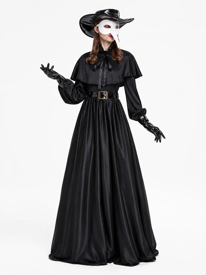 Women Plague Doctor Costume Set Medieval Gothic Long Dress with Cape Belt Hat Gloves Bird Beak Mask Steampunk Halloween Cosplay Outfit for Carnival Party
