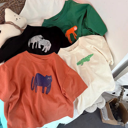Animal Pattern Baby Boys Girls Short Sleeve Tops Kids Tees Summer Clothing Loose Fashion Trendy Children's Wear T-shirt O-neck