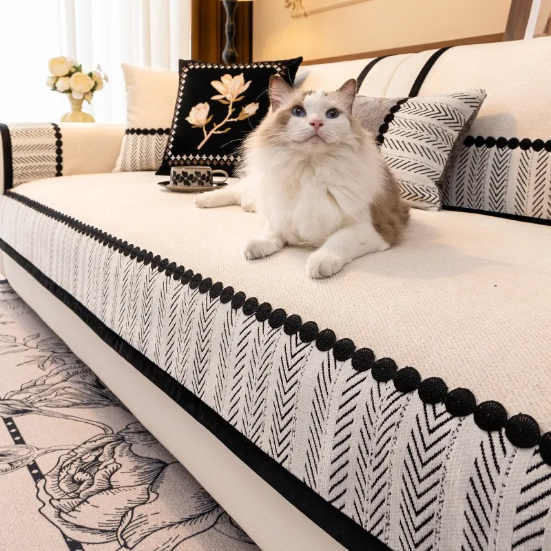 Chenille Sofa Cover, Non-Slip, Contrast Hem