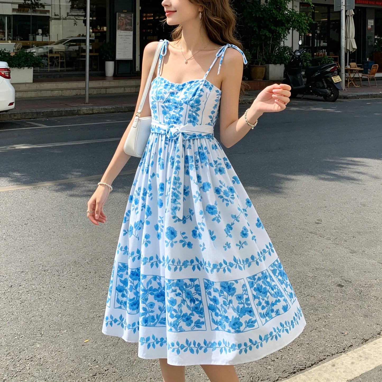 Women Blue Print Cami Dress 2026 Summer Sexy Sashes Bow Midi Dress Beach Holiday Long Fashion Female Vestidos