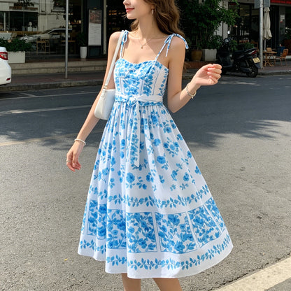 Women Blue Print Cami Dress 2026 Summer Sexy Sashes Bow Midi Dress Beach Holiday Long Fashion Female Vestidos