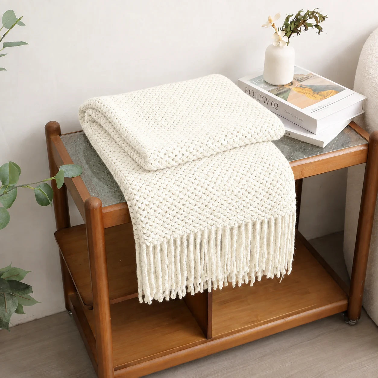 Cream Popcorn Bobble Textured Knit Throw Blanket with Tassel Fringe, Soft Knitted Decorative Blanket, Lightweight Cozy Cover for Couch Sofa Bed, Boho Farmhouse Home Decor for Living Room Bedroom