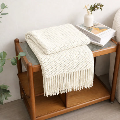 Cream Popcorn Bobble Textured Knit Throw Blanket with Tassel Fringe, Soft Knitted Decorative Blanket, Lightweight Cozy Cover for Couch Sofa Bed, Boho Farmhouse Home Decor for Living Room Bedroom